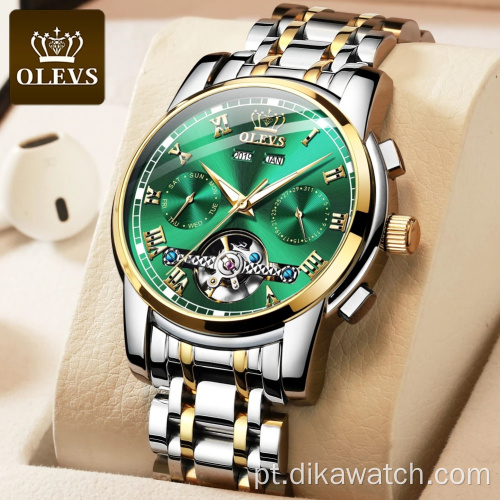 OLEVS 6607 masculino aço inoxidável relógios mecânicos automáticos pulseira clássica resistente à água com data semana verde relógio de luxo